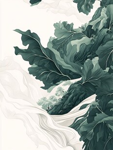 水墨风绿叶与流水景致