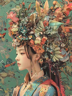 繁花头饰的古风佳人
