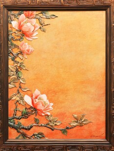 橙色背景上的唯美花卉油画