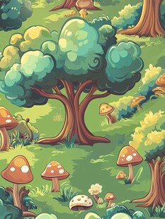 奇幻森林中的蘑菇与大树