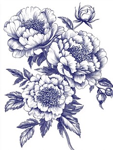 手绘蓝调牡丹花插画