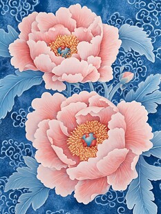 蓝底双生粉色牡丹花图案