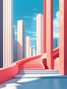 梦幻粉色城市阶梯景观
