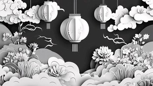 中式纸艺风 灯笼花卉云海景