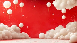 红色背景梦幻云朵气球场景