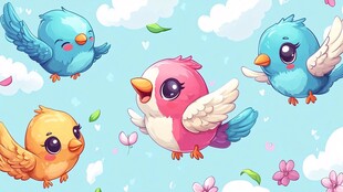 可爱小鸟在蓝天快乐飞翔