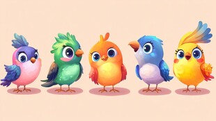 五只色彩斑斓的可爱小鸟