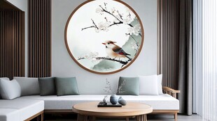 中式客厅中的花鸟圆形挂画