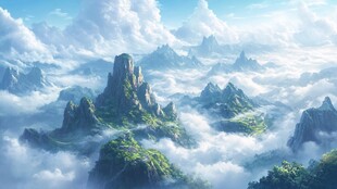 云海中的奇幻山峦美景
