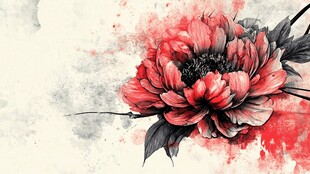 水墨风红牡丹花卉图