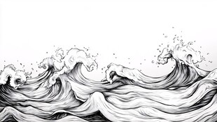 黑白海浪线条艺术插画