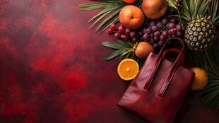 红底上的皮具与缤纷水果