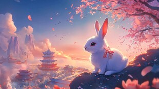 玉兔赏景于梦幻仙景之中