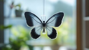 窗前悬挂的黑白蝶形饰品