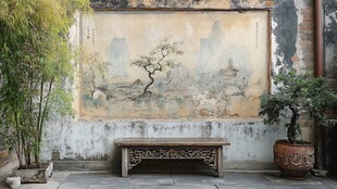 古墙前的中式庭院景致