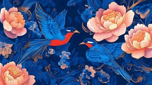蓝底花鸟图