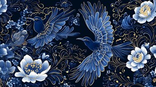 蓝底花鸟中式精美纹样