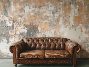 复古皮沙发与斑驳墙面