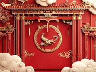 中式红墙凤饰华丽场景
