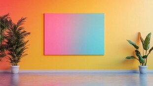 彩色墙前的绿植与渐变画