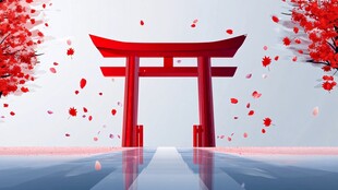 日式鸟居 飘落的红色花瓣