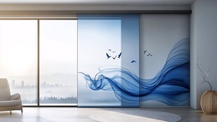 蓝色水墨风客厅移门装饰