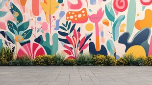 多彩植物风艺术涂鸦墙