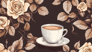 复古玫瑰背景下的咖啡杯