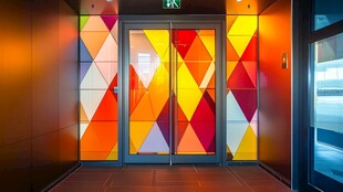多彩几何图案装饰的电梯门