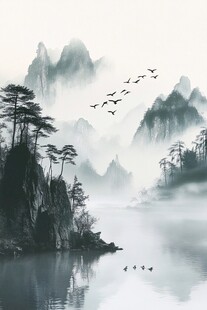 水墨山水间飞鸟悠然