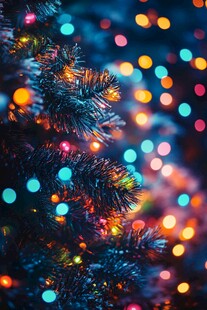 梦幻圣诞树上的斑斓彩灯