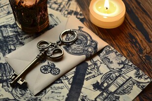 复古钥匙与烛光照映场景