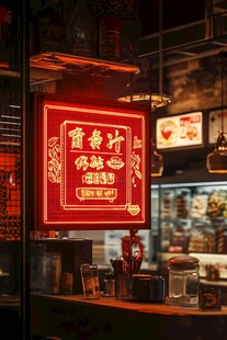 复古霓虹招牌下的烟火小店