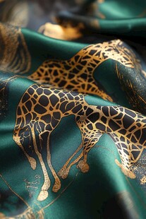 绿底金纹长颈鹿图案丝绸