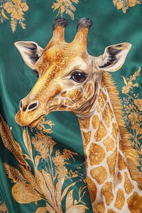 金纹长颈鹿与绿植背景图