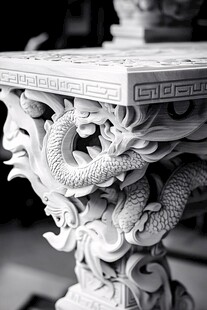 龙纹雕刻桌角细节特写