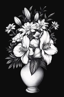 黑白花瓶插花艺术图