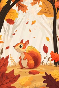 秋日松鼠在落叶树林中