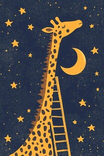 长颈鹿夜望月牙与繁星