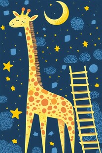 长颈鹿夜望月牙与繁星