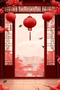 中式窗景下的红火灯笼景致