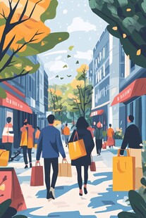 秋日街头购物的热闹景象