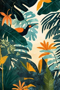 热带丛林中的多彩鸟儿与植物