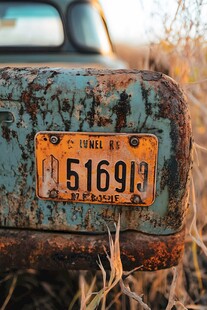 老旧车牌与斑驳卡车尾部
