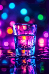 炫彩背景下的晶莹玻璃杯