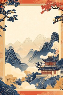 古风山水楼阁中式边框图