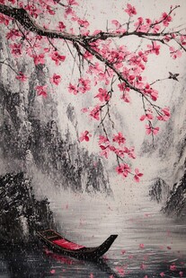 水墨桃花舟影山水图