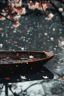 雪中孤舟落花飘零之景