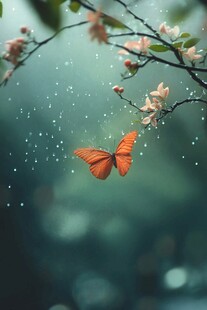 雨中橙蝶舞于繁花枝头