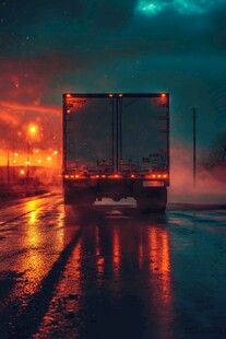 雨夜中行驶的大型货运卡车